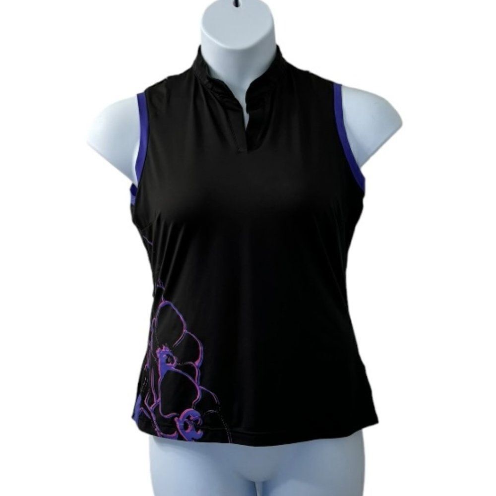 Adidas Black and Floral  V-Neck Golf Shirt‎ Activewear ClimaCool Size Medium - Picture 2 of 4